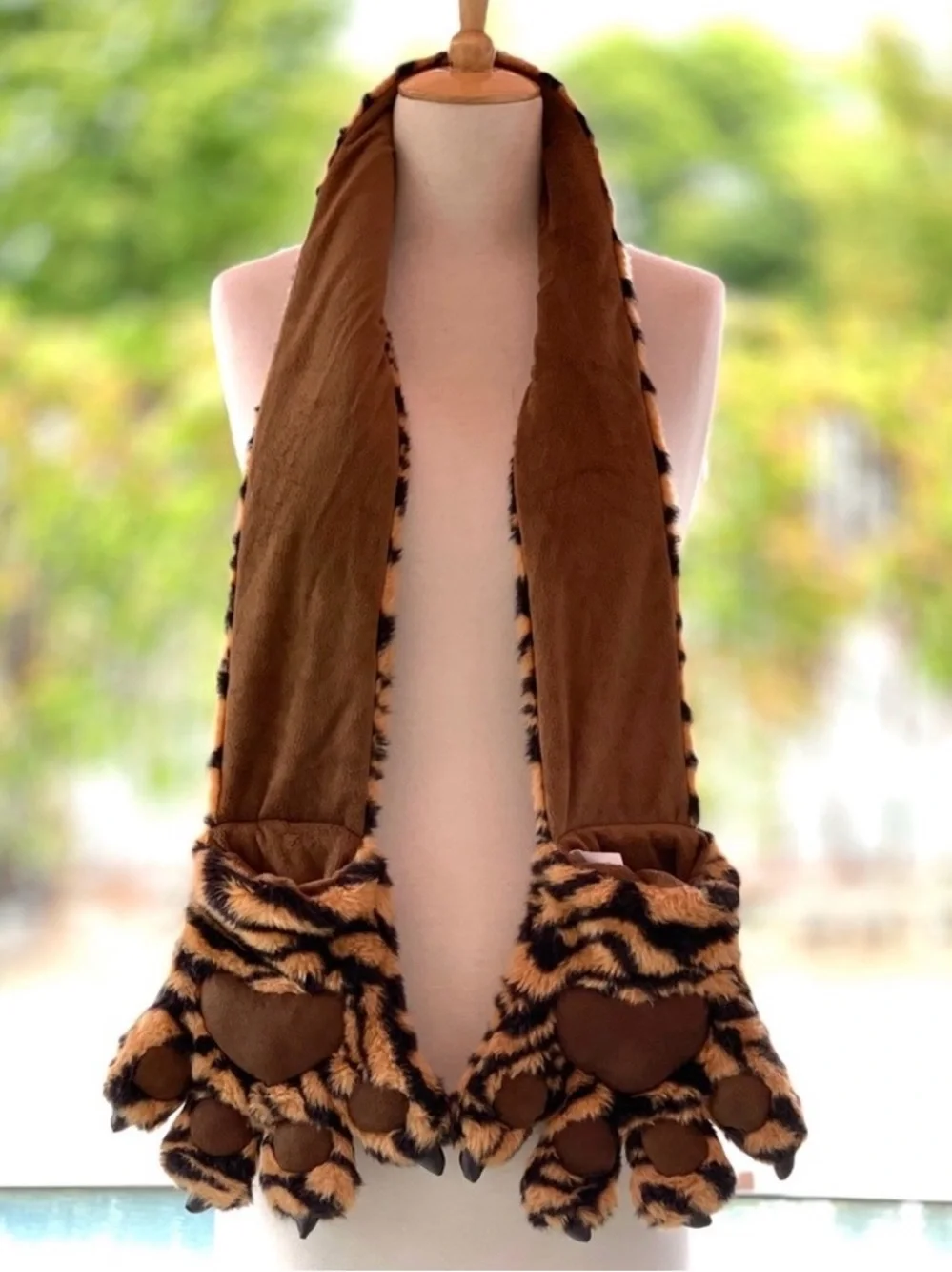 Tiger Print Scarf with Attached Plush Paws and Claw Hand Pockets, Kids One Size